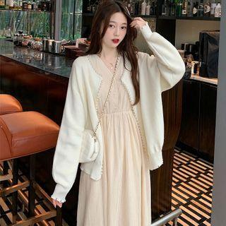 Faux Pearl Cardigan / Puff-sleeve Midi A-line Dress