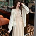 Faux Pearl Cardigan / Puff-sleeve Midi A-line Dress