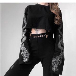 Long-sleeve Dragon Print Crop T-shirt