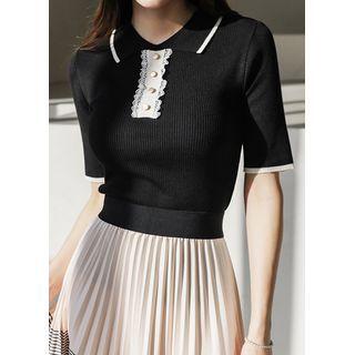 Contrast-trim Lace-detail Knit Top