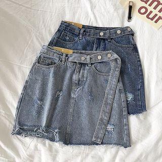 Distressed Frayed High-waist Denim Skirt