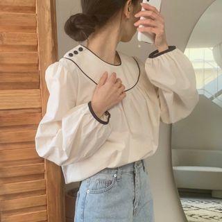 Puff-sleeve Plain Loose Fit Blouse