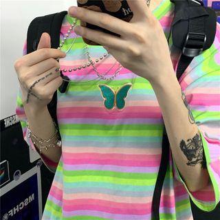 Elbow-sleeve Striped Embroidered T-shirt As Shown In Figure - One Size