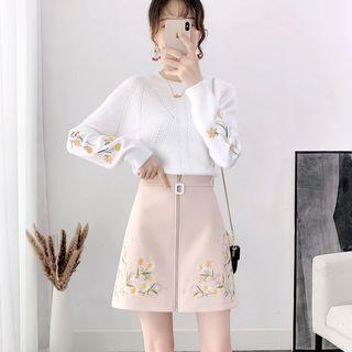 Set: Embroidered Knit Top + Zip-front A-line Skirt