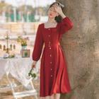 Long-sleeve Buckled Button-up Midi A-line Dress