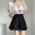 Puff-sleeve Cutout Drawstring Swimdress