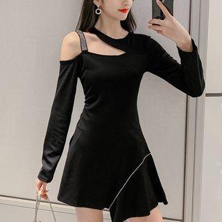 Set: Long-sleeve Cold Shoulder Embellished Irregular Mini Dress + Shorts