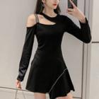 Set: Long-sleeve Cold Shoulder Embellished Irregular Mini Dress + Shorts