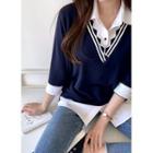 Inset Shirt Contrast-trim Knit Top Navy Blue - One Size