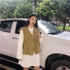 Snap Button Denim Vest/ Plain Long-sleeve Long T-shirt
