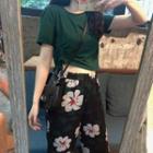Drawstring Short-sleeve T-shirt / Flower Print Cropped Straight-fit Pants