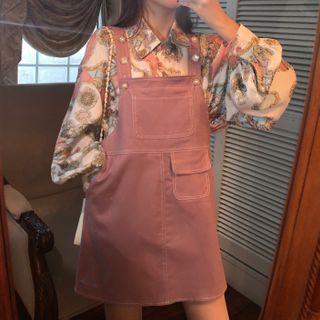 Long-sleeve Printed Shirt / Mini A-line Denim Jumper Dress