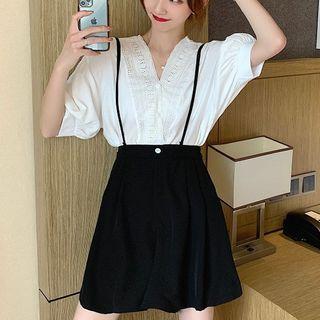 Short-sleeve V-neck Blouse / Suspender Shorts