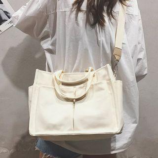 Canvas Plain Double Front Pockets Handbag With Shoulder Strap