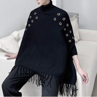 Turtleneck Metal-accent Knit Top Black - One Size