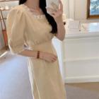 Square-neck Lace Trim Panel Lantern-sleeve Dress Yellow - One Size