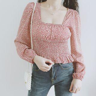 Flower Print Long-sleeve Peplum Top