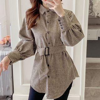Long-sleeve Houndstooth Shirt With Belt