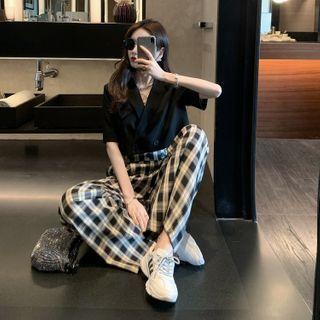 Short-sleeve Crop Shirt / Plaid Wide Leg Pants