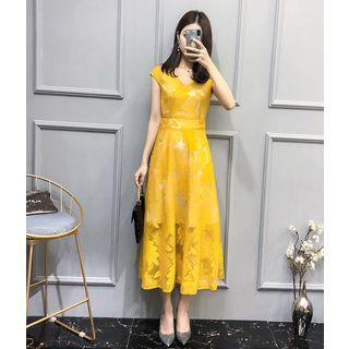 V-neck Lace Midi A-line Dress