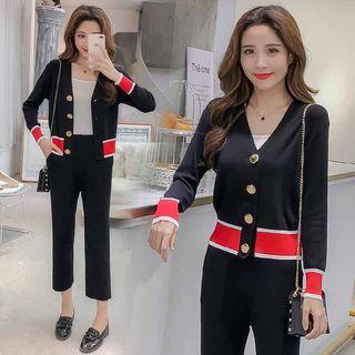Set: Color Block Knit Jacket + Cropped Pants