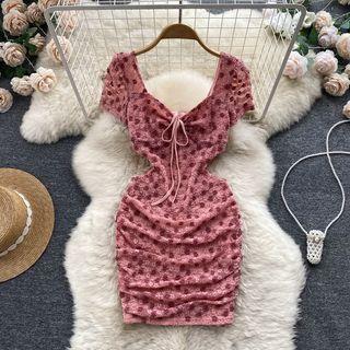 Short-sleeve Square-neck Embroidered Flower Ruched Dress