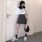 Elbow-sleeve Lettering T-shirt / Animal Print Mini Skirt