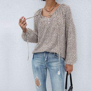 Leopard Print Long Sleeve Tie-front Top