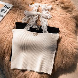 Lace Strap Halter-neck Rhinestone Bow Padded Knit Camisole