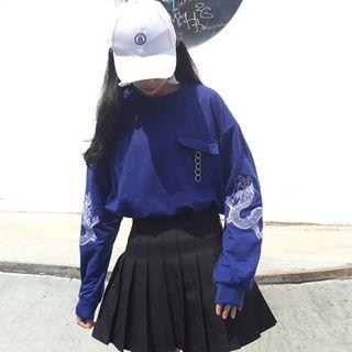 Dragon Embroidered Pocketed Long Sleeve Top