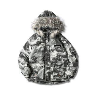 Furry Trim Hooded Camo Print Padded Jacket