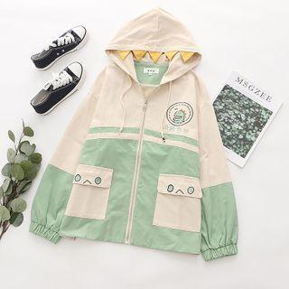 Two-tone Cartoon Print Hooded Zip Jacket