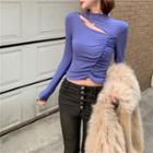 Long-sleeve Cutout Mock-neck Ruched Crop Top