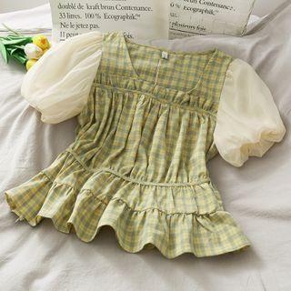 Chiffon-sleeve Ruffled-trim Plaid Crop Blouse