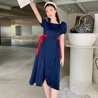 Puff-sleeve Square-neck Bow Slit Dress