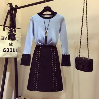 Set: Contrast Trim Sweater + Studded A-line Skirt