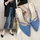 Faux Suede Rhinestone Strap Kitten Heel Mules