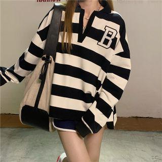 Lettering Print Striped Open-placket Sweatshirt