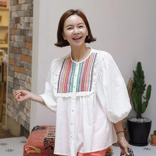 Puff-sleeve Embroidered-panel Blouse Ivory - One Size