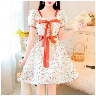Short-sleeve Square Neck Floral Bow-accent A-line Dress