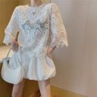 Loose-fit Sheer Lace Top White - One Size
