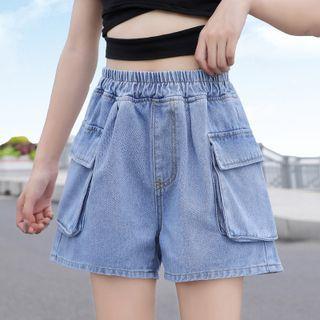 Flap-pocket Denim Wide-leg Shorts