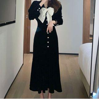 Long-sleeve Bow Accent Velvet Midi A-line Dress