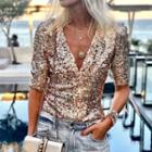V-neck Short-sleeve Sequined Top