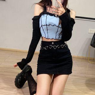 Off-shoulder Ruffle Trim Color-block Top
