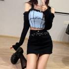 Off-shoulder Ruffle Trim Color-block Top