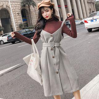Set: Mock Neck Long-sleeve Top + Plaid Midi Pinafore Dress