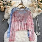 Long-sleeve Round-neck Tie-dye Mesh Top