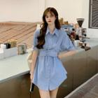 Set: Short-sleeve Plain Shirt Dress + Shorts Set - Blue - One Size