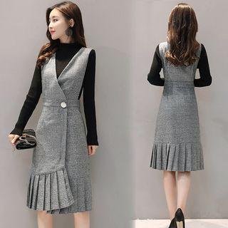 Set: High Neck Long-sleeve Knit Top + Pleated Hem Pinafore Dress